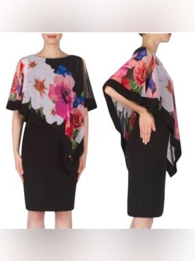 Joseph Ribkoff Black Sheath Dress with Pink & White Floral Overlay